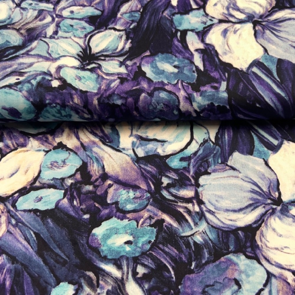 oděvní bavlna  květy fialovo/bílé Ba/elast150cm