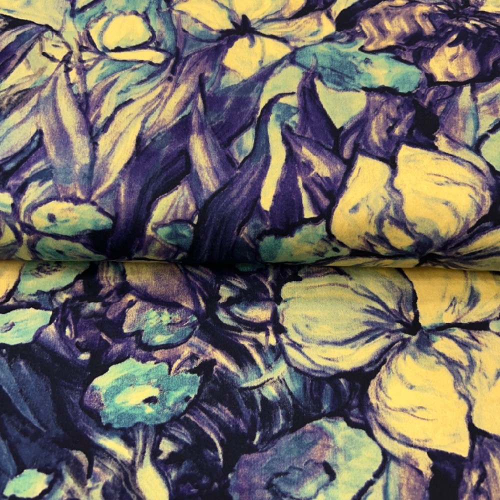 oděvní bavlna  květy fialovo/žluté Ba/elast150cm