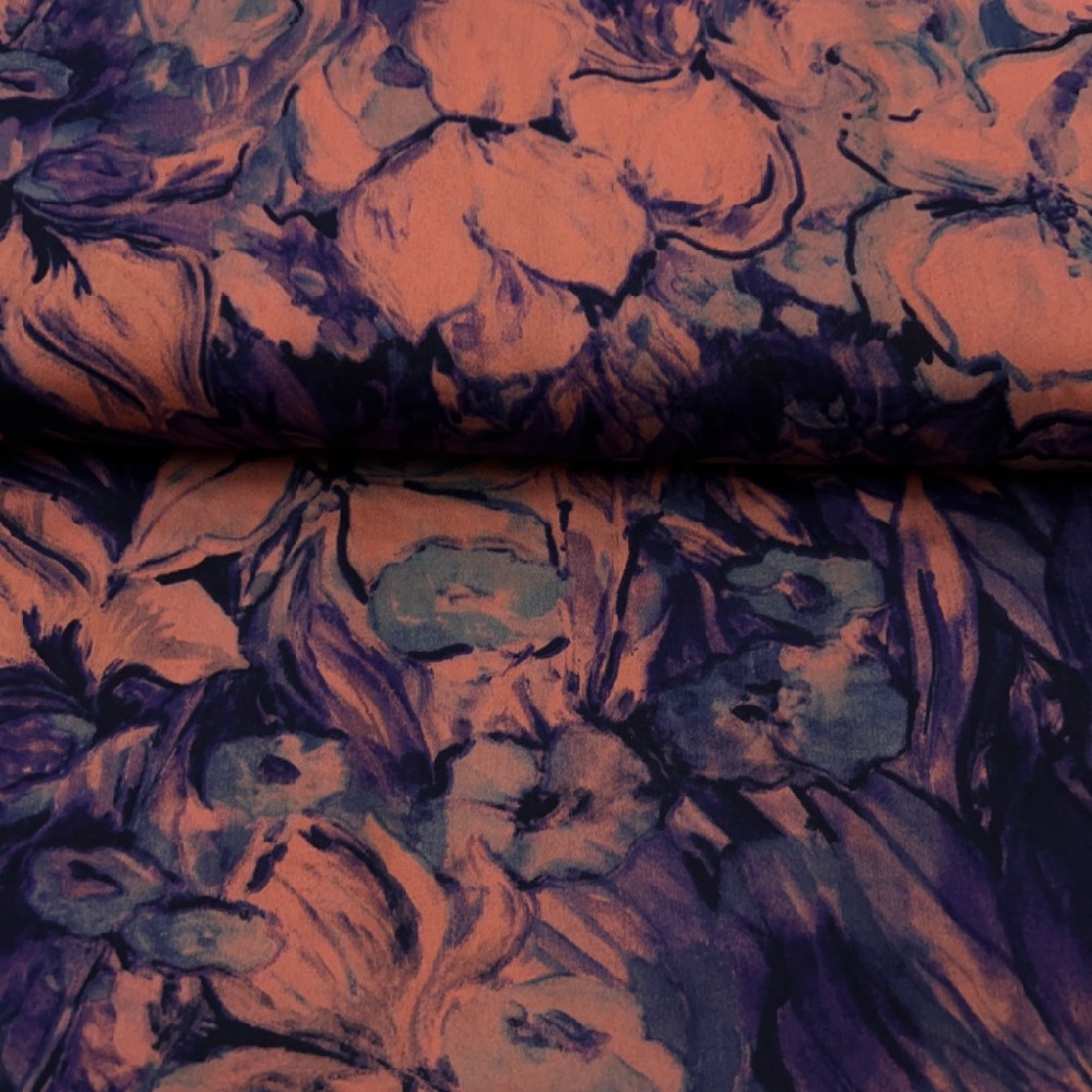 oděvní bavlna  květy fialovo/rezaváBa/elast150cm