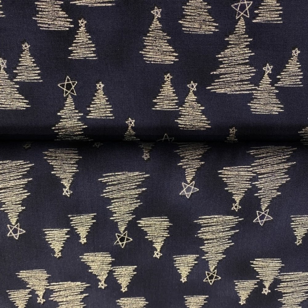 bavlna vánoční tmavě modrá stříbrné stromečky 110cm