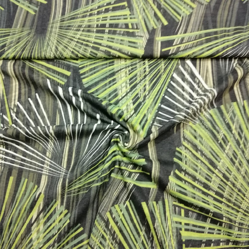 úplet, PES, zelené listy na černé, š. 160 cm