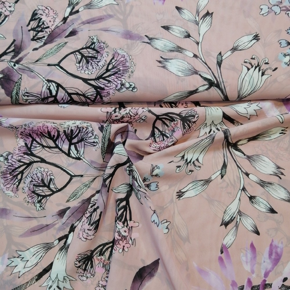 šifon, PES, růžová, květy, š. 150 cm