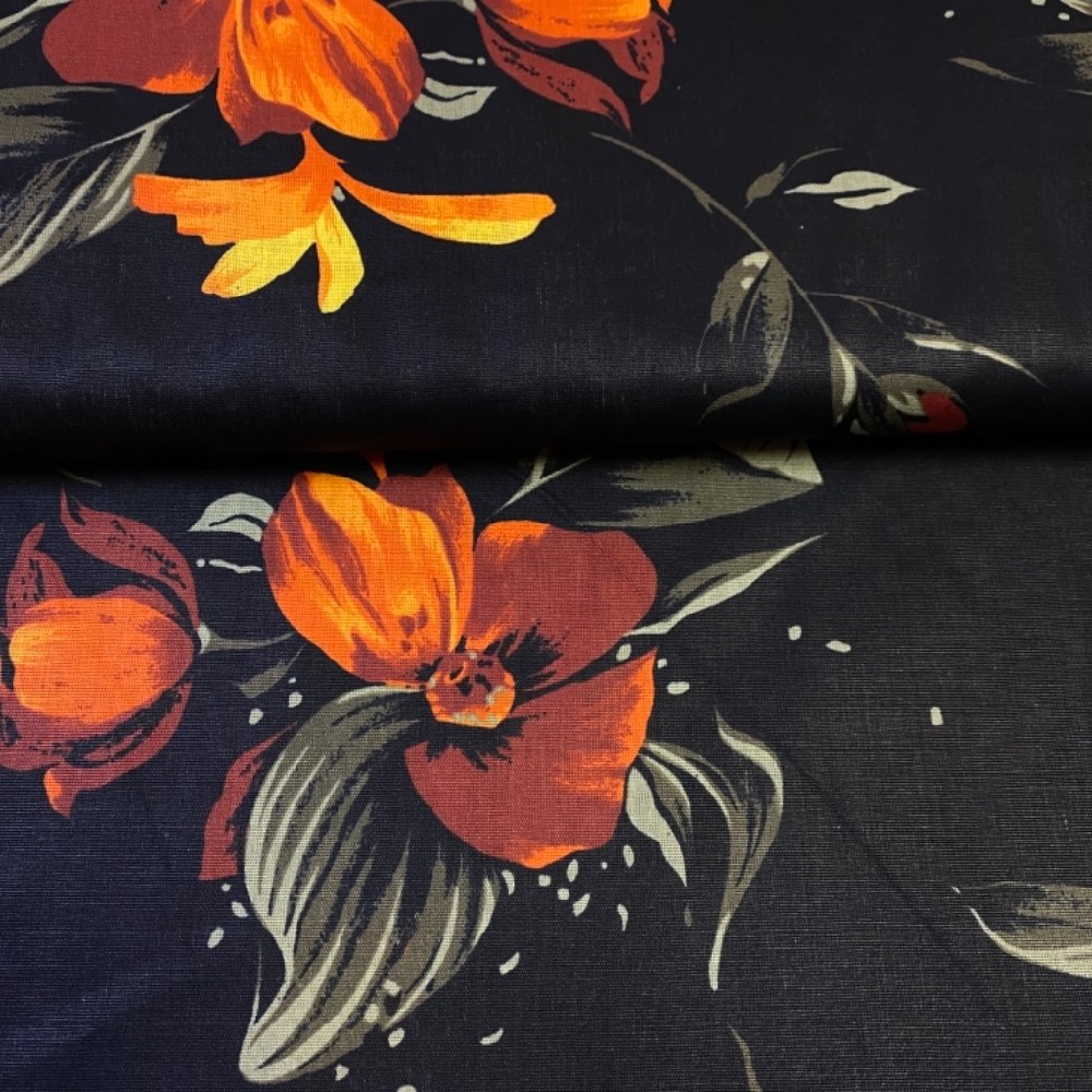 bavlna černá květy oranžová  1jak 140 cm
