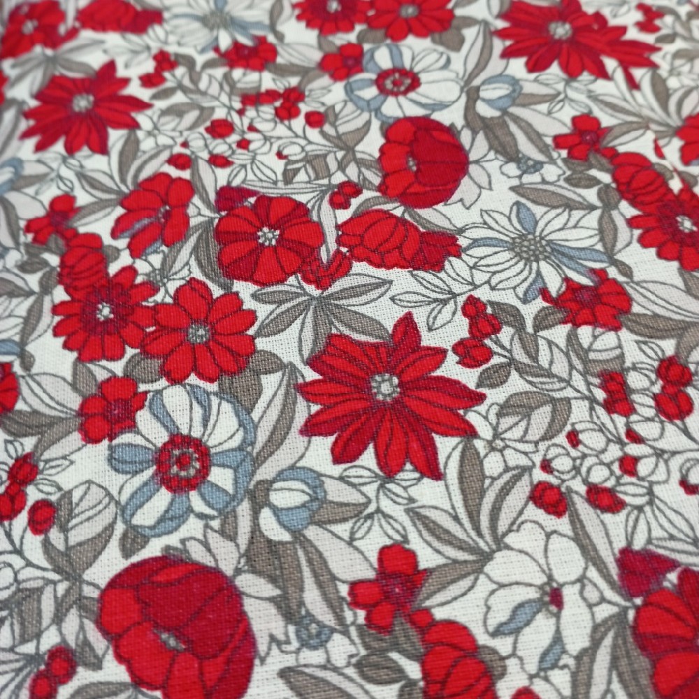 bavlna červeno šedé květy na bílém podkladě 160 cm