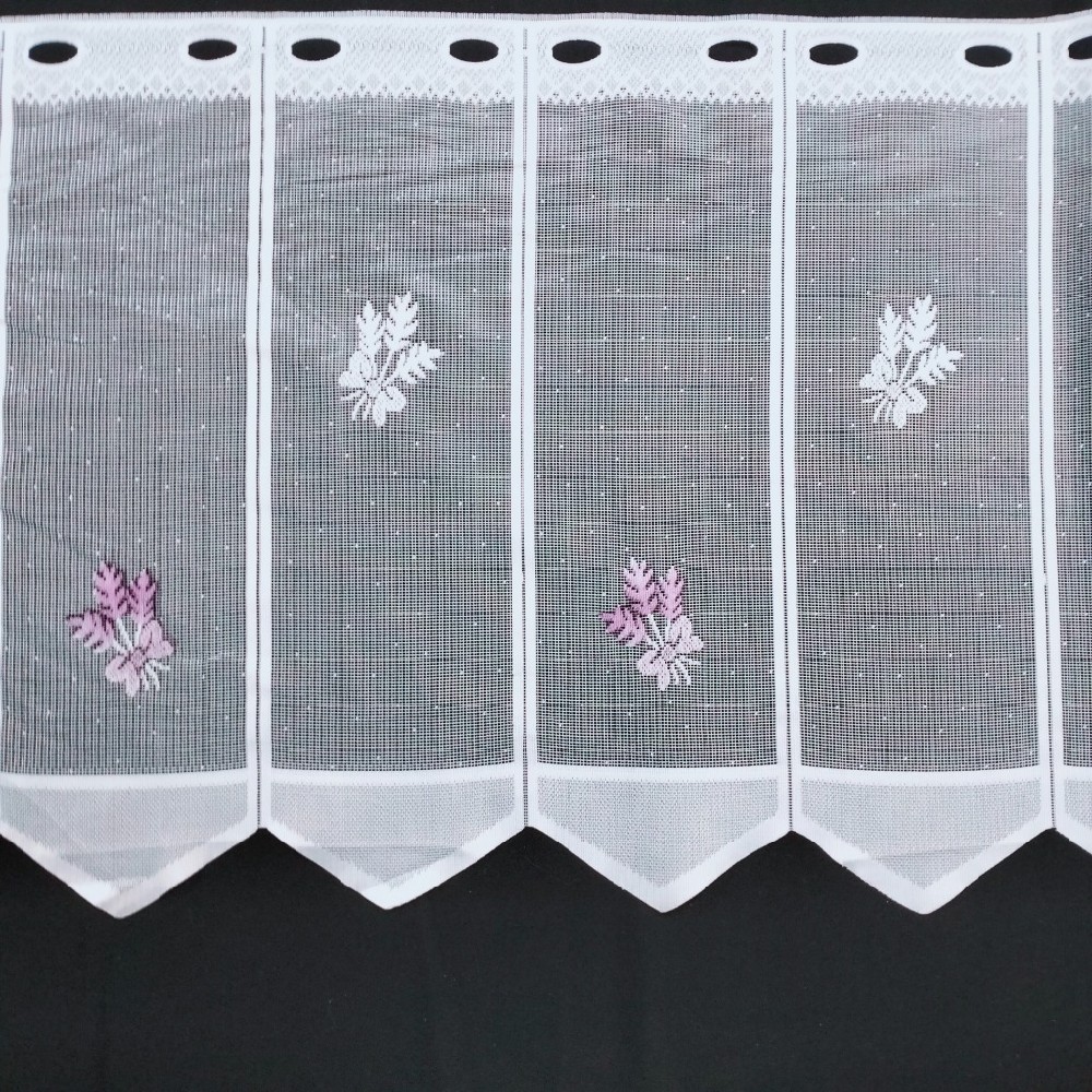 záclona De 47530/045 v.45cm žakárová vitrážka fialové a bílé květinky