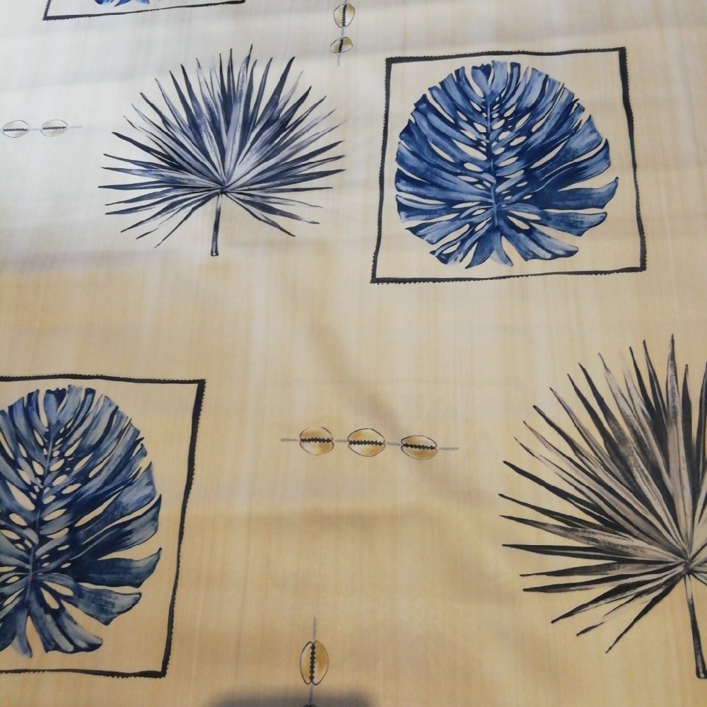 dekoračka béžová šedomodré listy š.150cm